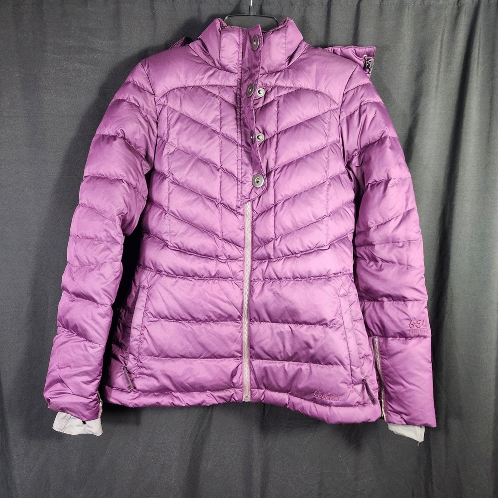Cabelas Womens 650‎ Down Puffer Jacket Purple Hooded Faux Fur Lined Size M ski